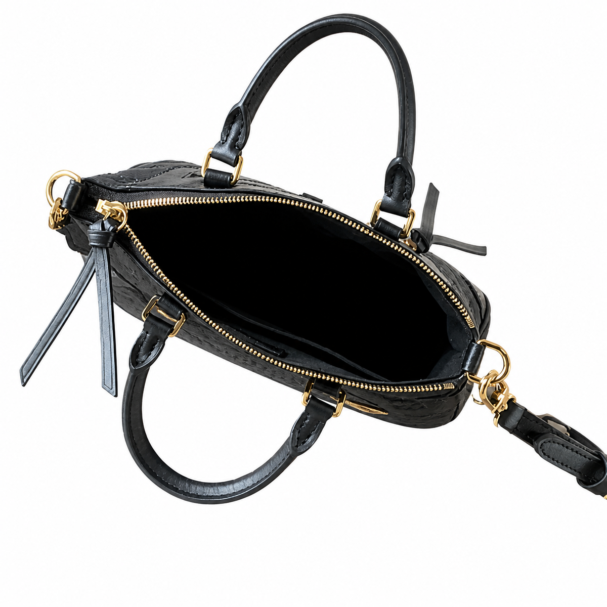 Louis Vuitton Structured Top Handle — Black Empreinte, Double Handles, Gold D-Ring & Carabiner Crossbody Strap