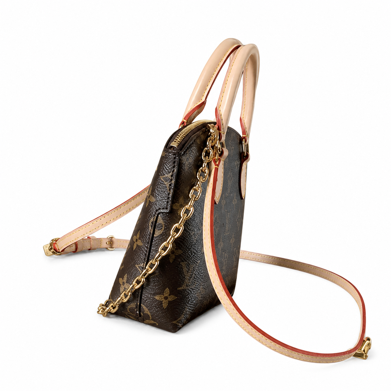 Louis Vuitton Papillon BB — Monogram Canvas, Red-Edge Vachetta & Gold Chain