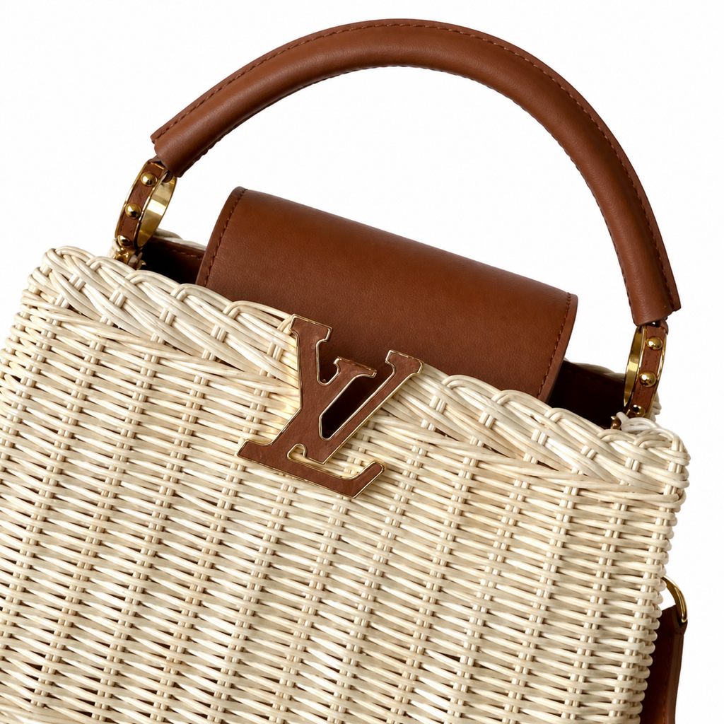 Louis Vuitton Capucines — Natural Wicker Raffia, Cognac Leather Flap & Gold Rivets