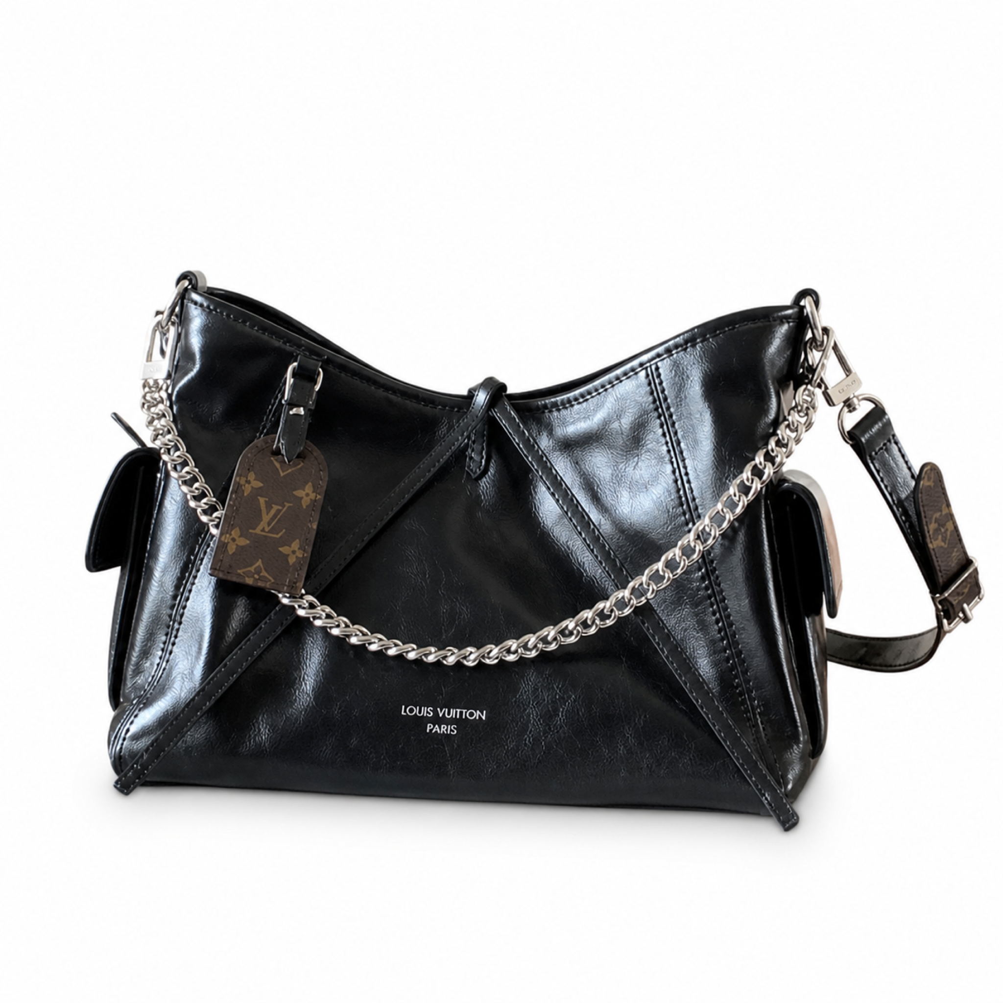 Louis Vuitton Large Shoulder Bag — Noir Glazed Calfskin, Silver Chain Edge Trim & Empreinte Strap