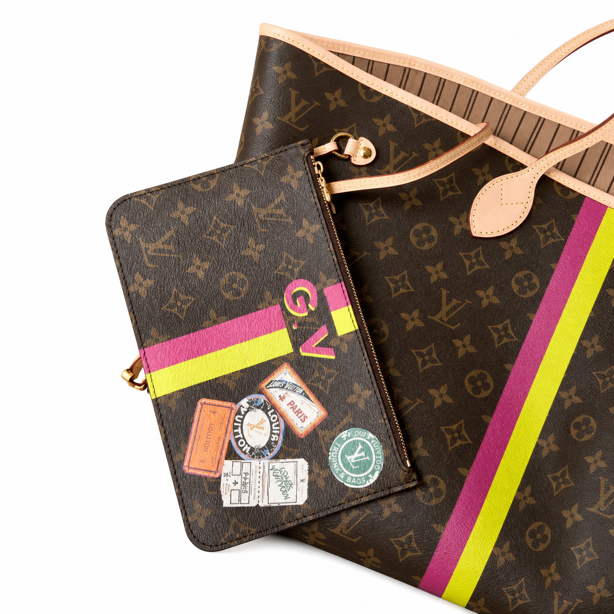 Louis Vuitton Neverfull GM — Monogram Canvas with My LV World Tour Stripe in Yellow & Fuchsia