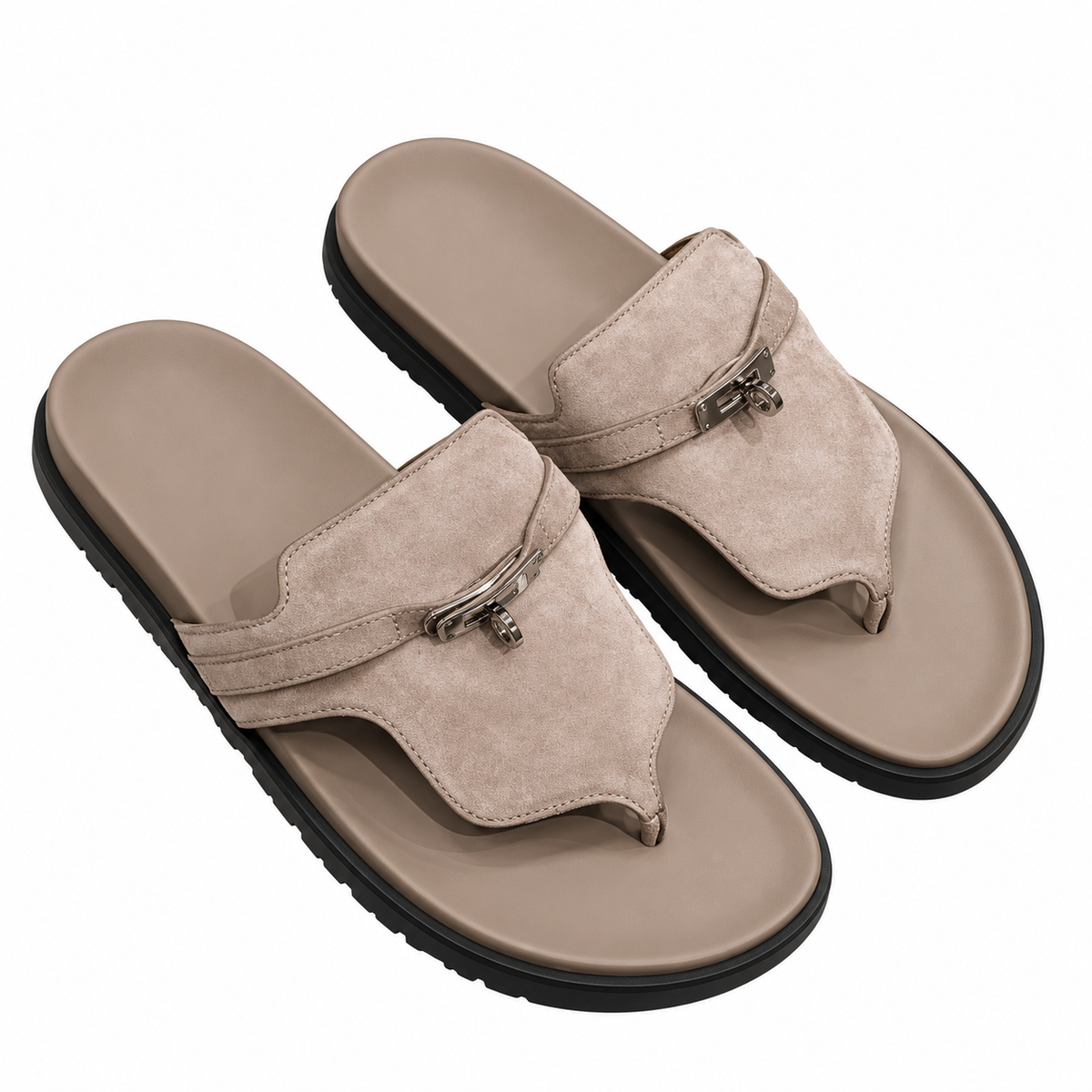Hermès Taupe Thong Sandals with Silver Buckle