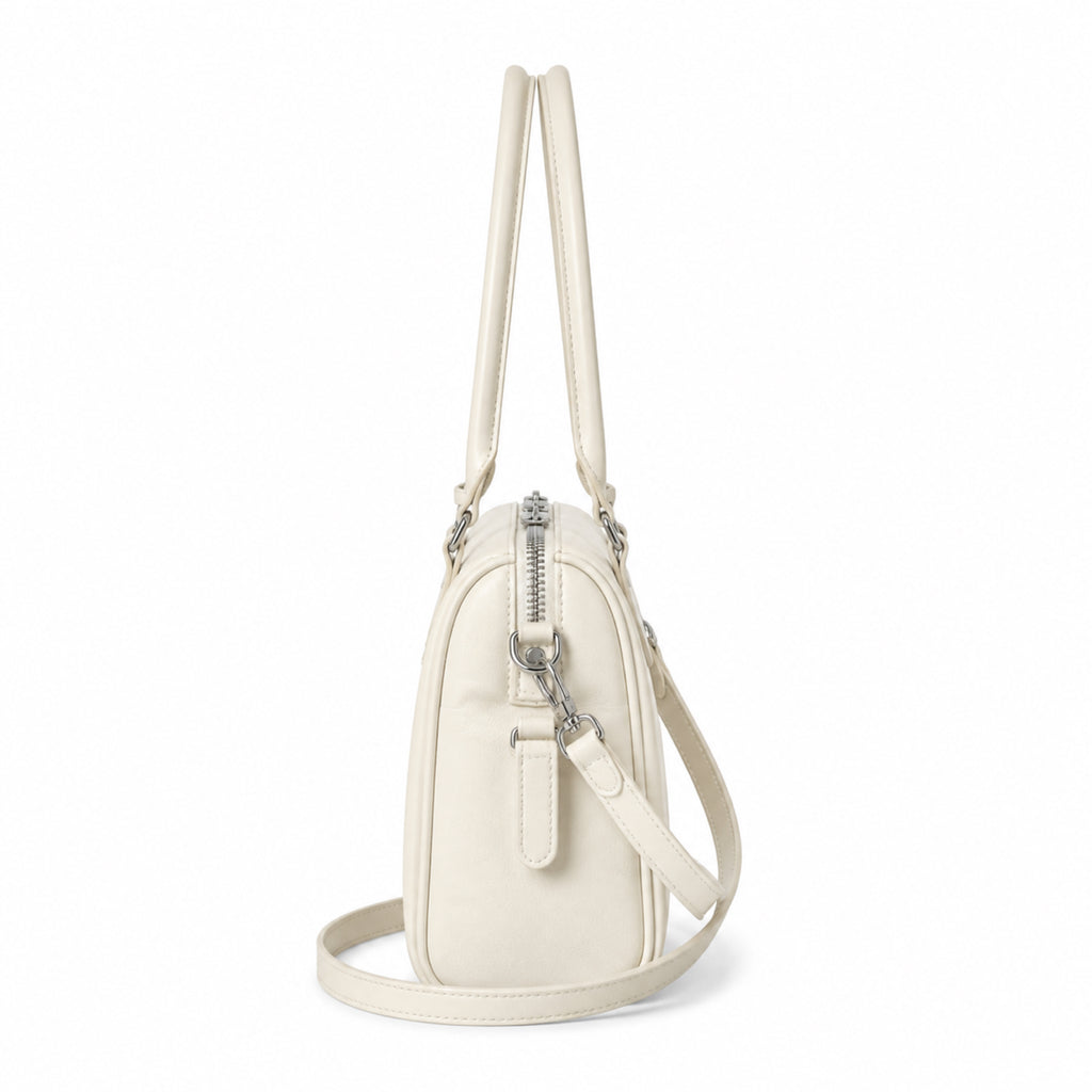 Louis Vuitton Mini Boston — Blanc Ivoire Smooth Calfskin, Dual Top Handles, Detachable Strap & Monogram Tag