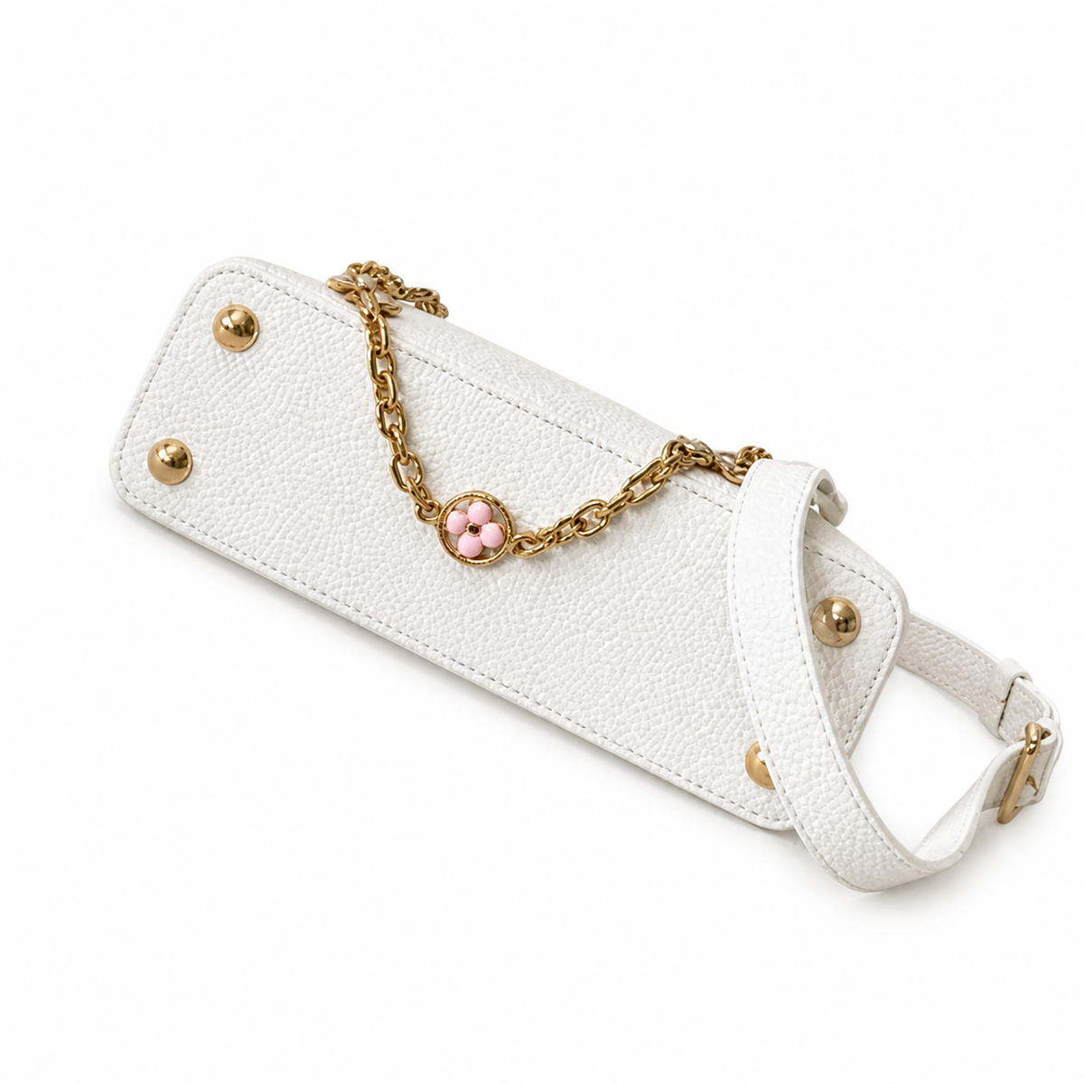 Louis Vuitton Capucines Mini — White Floral Embossed, Blush Pink Handle & Pink-Woven Chain