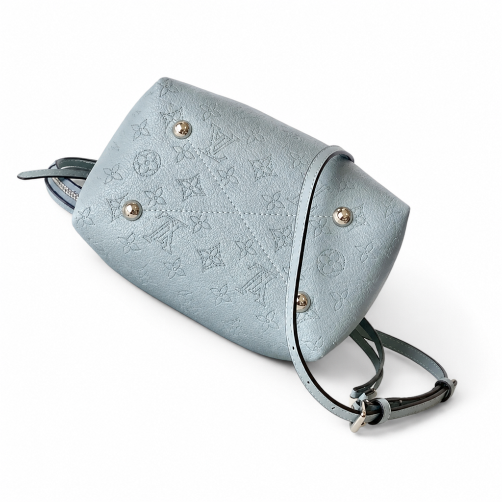 Louis Vuitton Mahina Mini Bucket — Bleu Glacier Perforated, Braided Chain Handle & Round Coin Purse Set