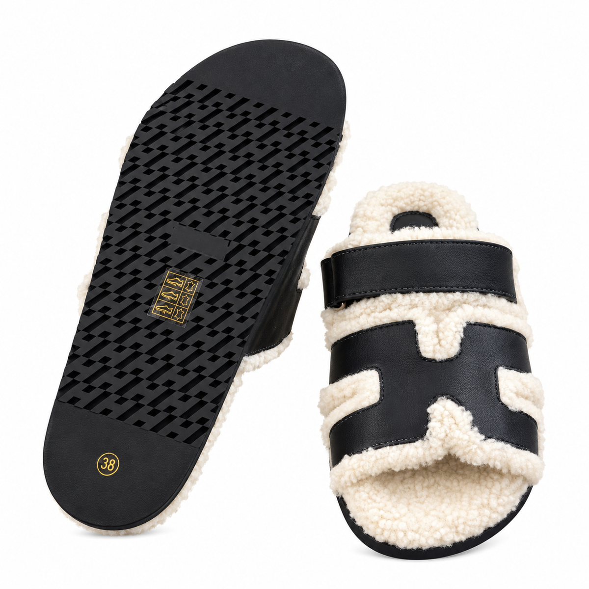 Hermès Black H-Strap Slides with Cream Trim