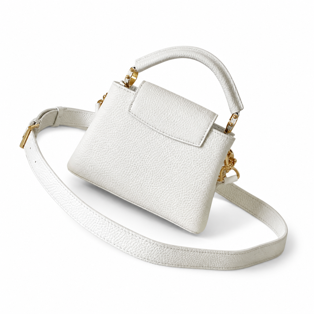Louis Vuitton Capucines BB — Taurillon Leather in Blanc with Rose-Gold LV Clasp & Braided Chain