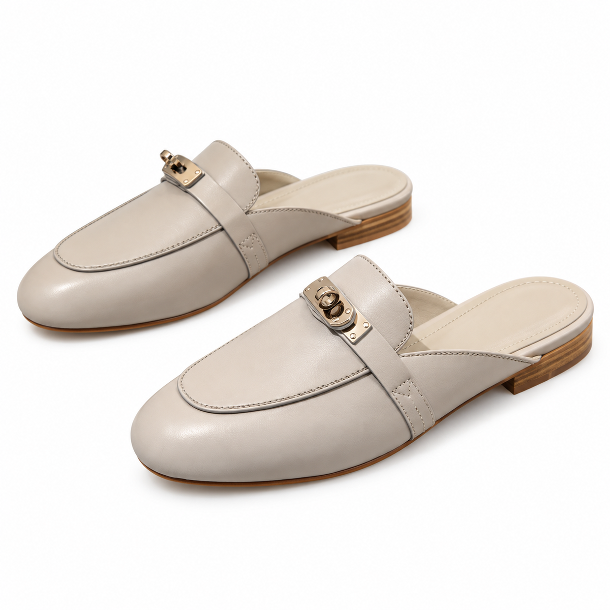 Hermès Light Grey Mules with Silver-Tone Hardware