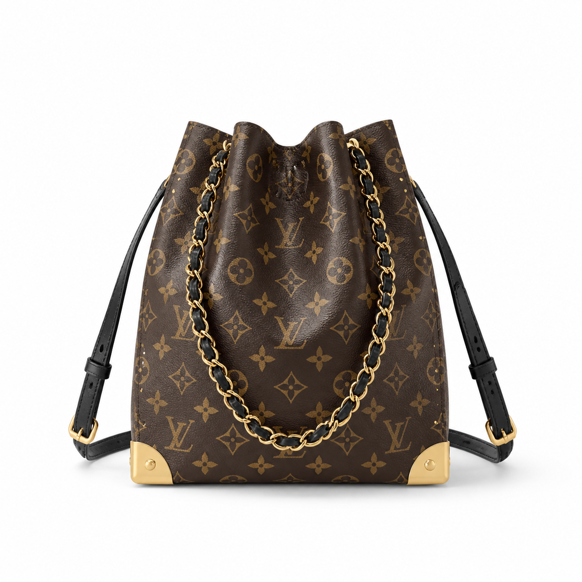 Louis Vuitton Noé BB — Monogram Canvas, Black Leather Trim, Leather-Woven Chain Handle & Black Interior