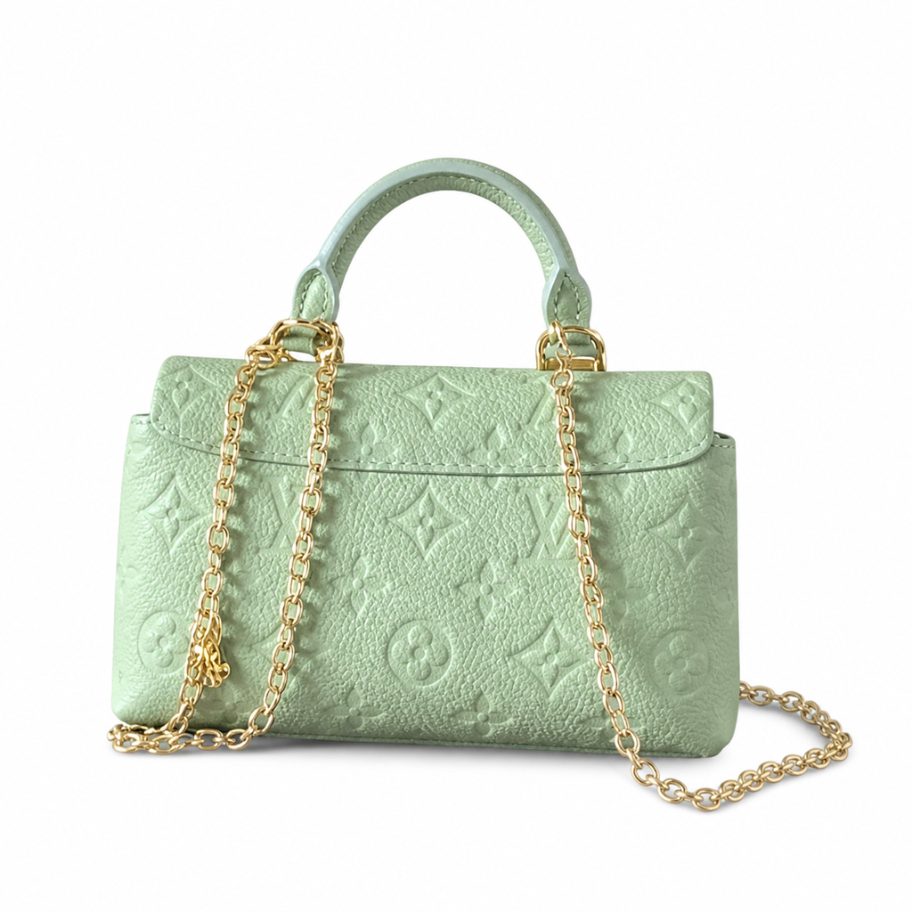 Louis Vuitton Madeleine BB — Monogram Empreinte Leather in Vert d’Eau with Gold Chain & Crystal Charm