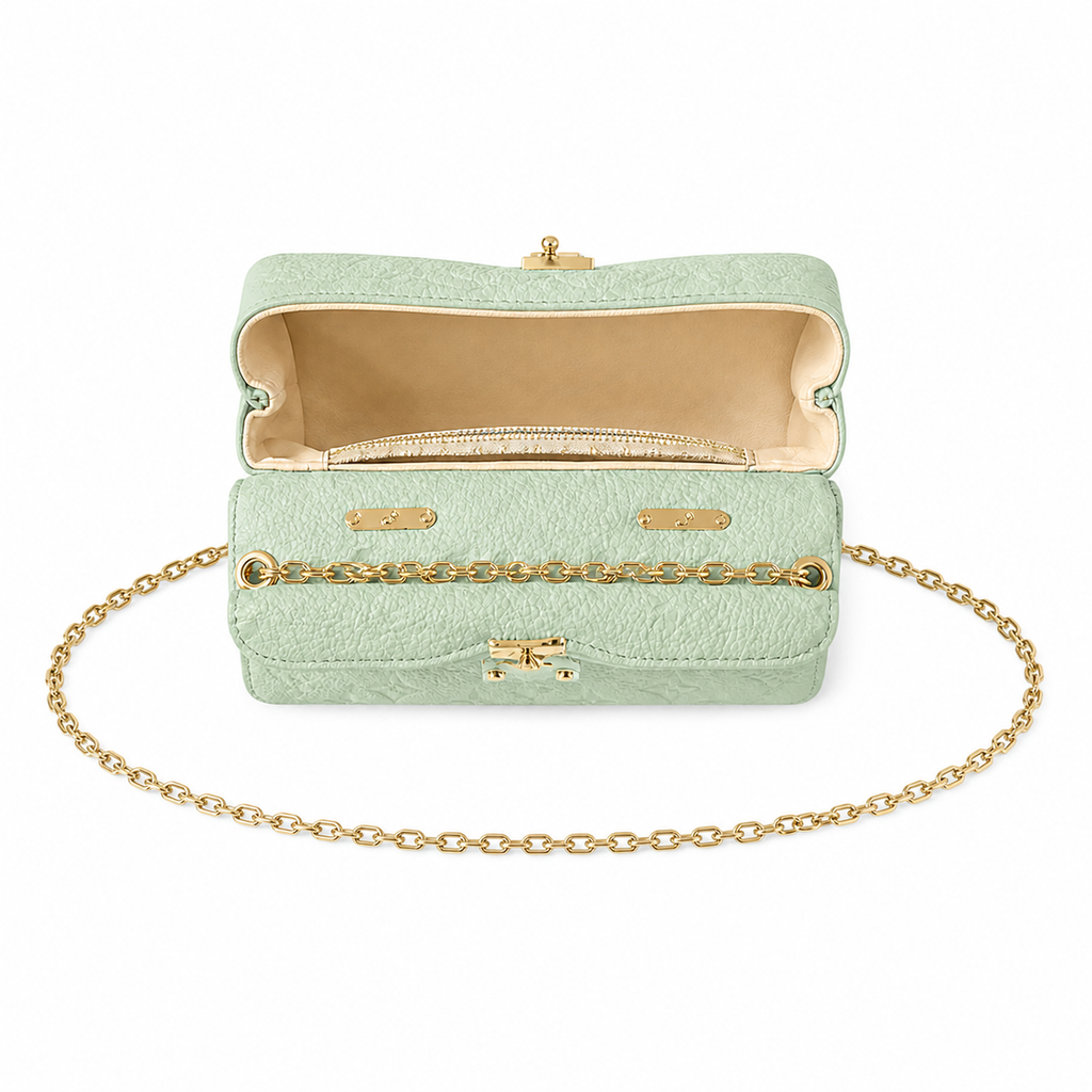 Louis Vuitton Mini Flap — Vert Sauge Empreinte, Gold Chunky Chain, Enamel Trunk Charm & Crystal Pendant