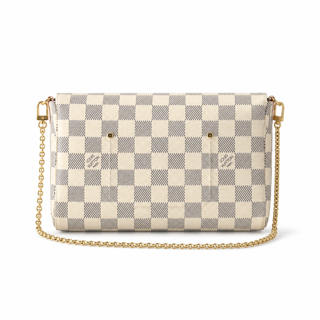 Louis Vuitton Favorite MM — Damier Azur Canvas, Magnetic Flap, Cream Interior & Gold Chain