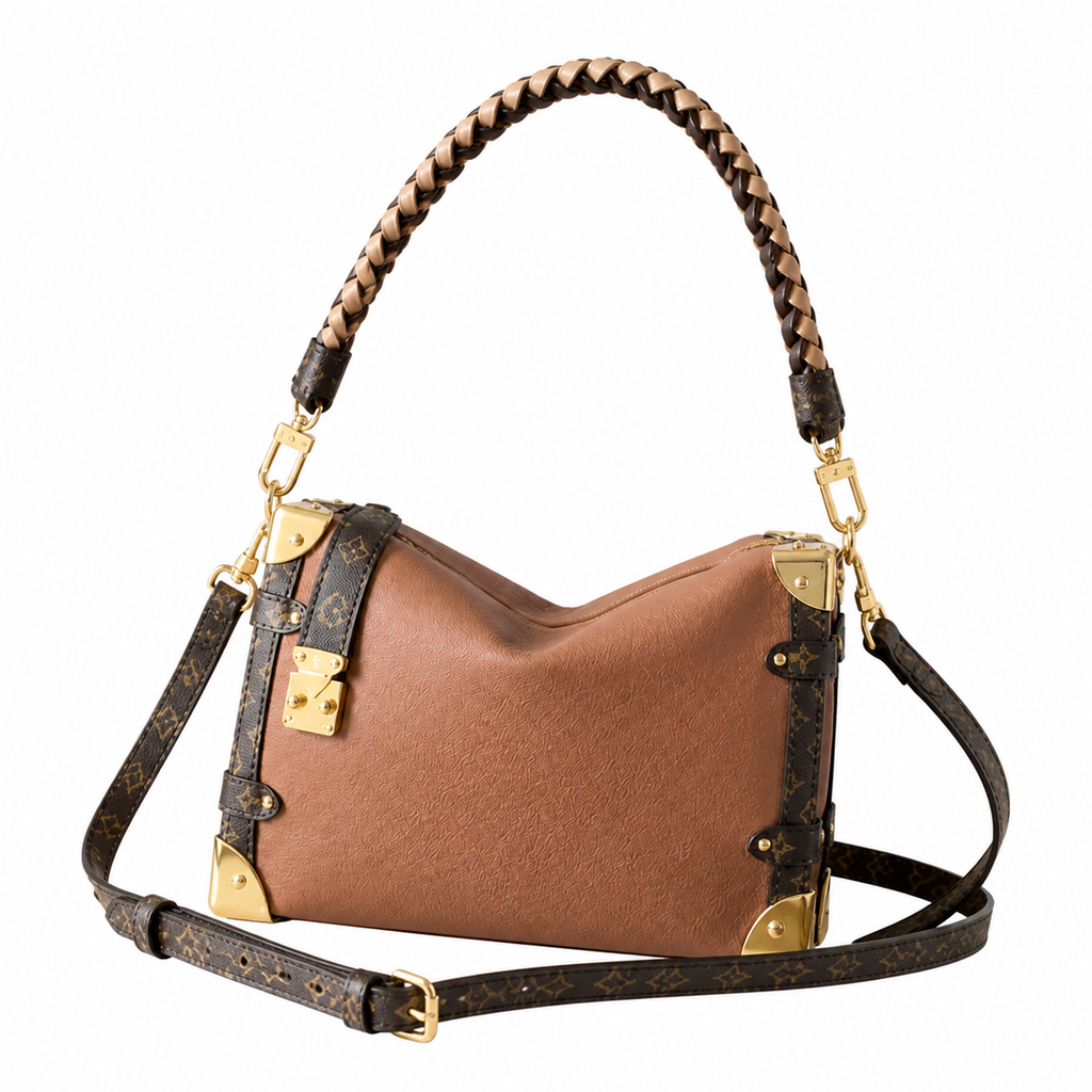 Louis Vuitton Side Trunk MM — Cognac Calfskin, Braided Top Handle, Monogram Canvas Trim & Dual Push-Lock