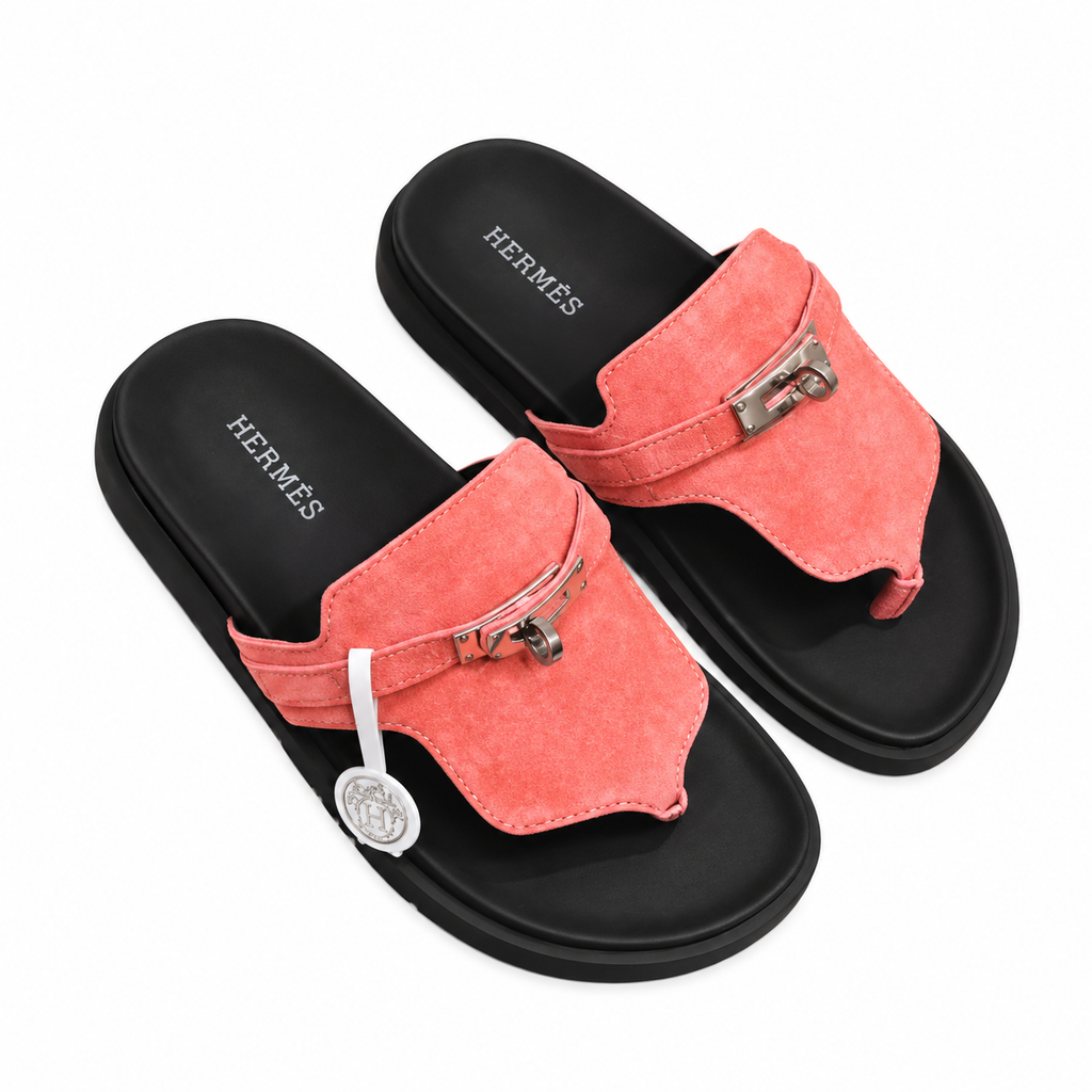Hermès Coral Thong Sandals with Silver Buckle