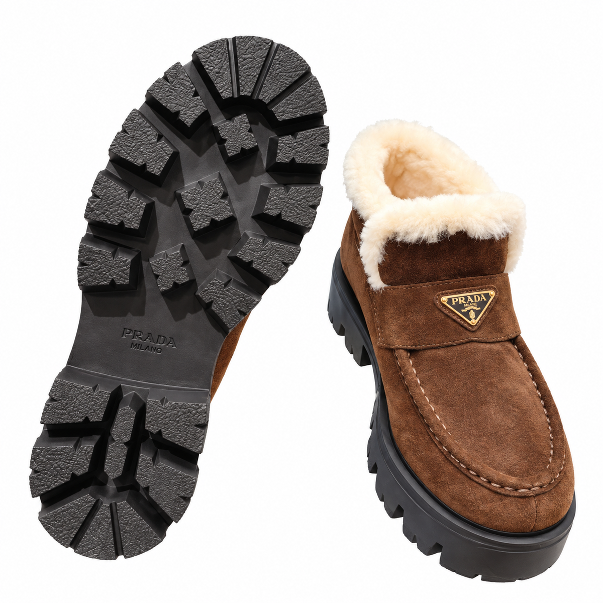 Prada Brown Plush-Trim Lug-Sole Ankle Boots