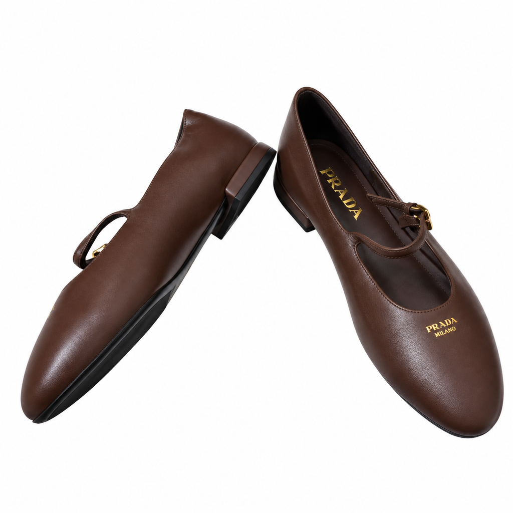Prada Brown Buckled Mary Jane Ballet Flats