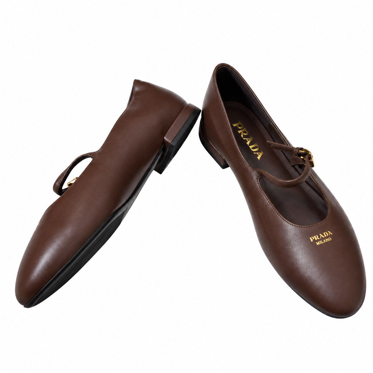 Prada Brown Buckled Mary Jane Ballet Flats