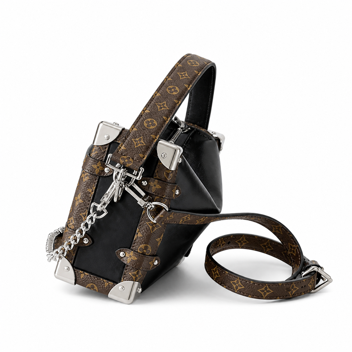 Louis Vuitton Side Trunk MM — Noir Calfskin, Monogram Canvas Frame, Silver V-Lock, Chunky Chain & Dual Closure