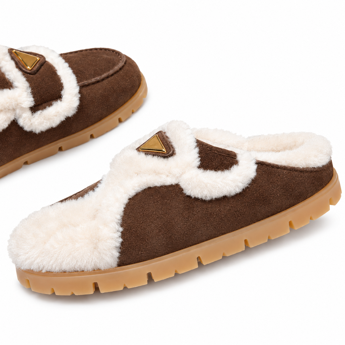 Prada Dark Brown Plush-Trim Loafer Mules