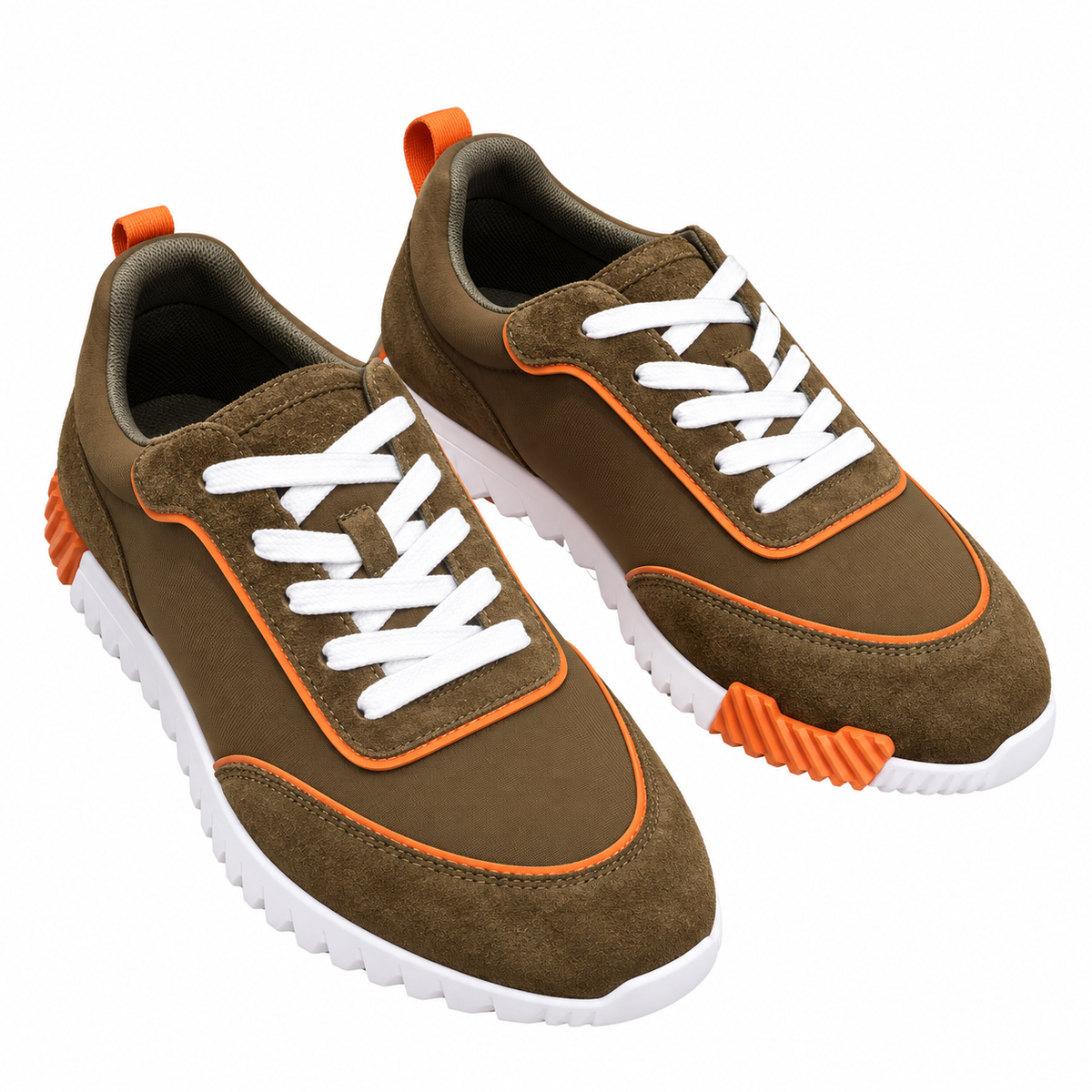 Hermès Olive Brown and Orange Low-Top Sneakers