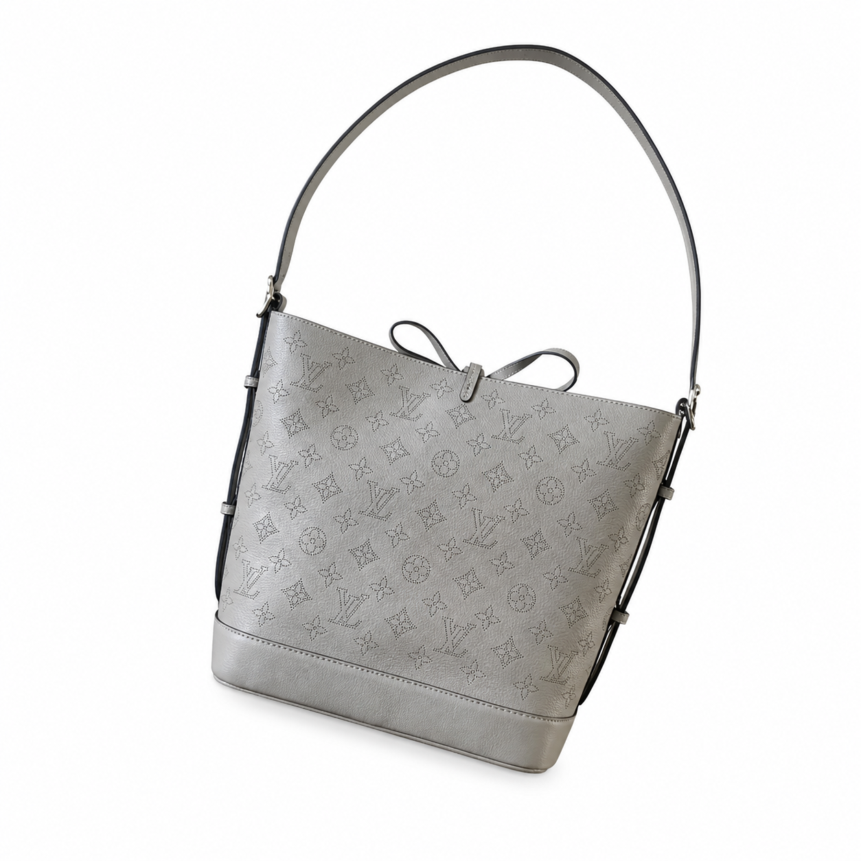 Louis Vuitton Mahina Bucket — Galet Grey Perforated Calfskin, Laser-Cut Monogram & Silver Hardware