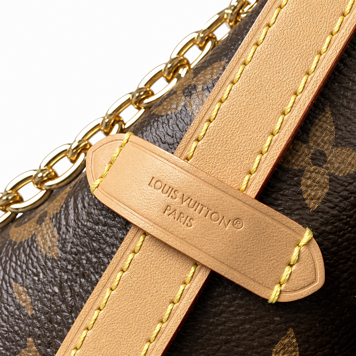 Louis Vuitton Drawstring Shoulder — Monogram Canvas, Vachetta Top Frame, Decorative Gold Chain & Turn-Locks