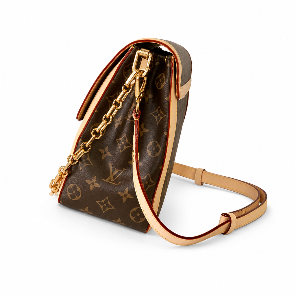 Louis Vuitton Dauphine MM — Monogram Canvas, Vachetta Flap Trim, LV Turn-Lock & Chunky Gold Chain
