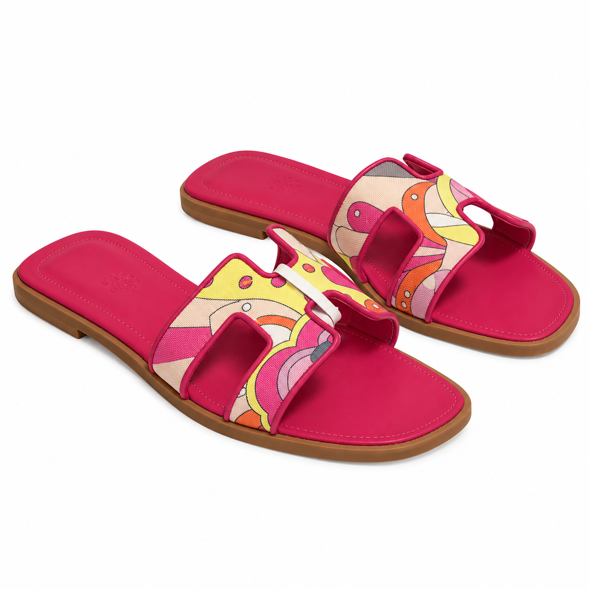 Hermès Fuchsia Printed H-Cutout Slide Sandals