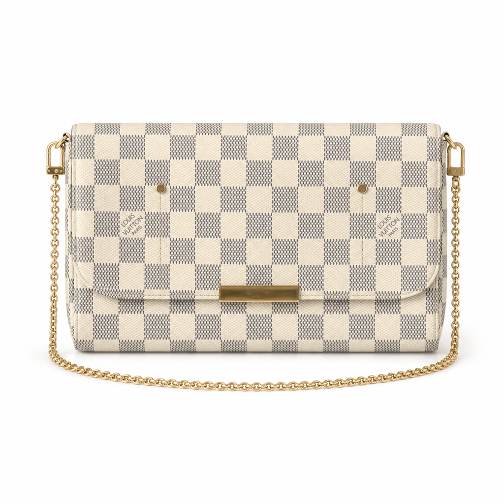 Louis Vuitton Favorite MM — Damier Azur Canvas, Magnetic Flap, Cream Interior & Gold Chain