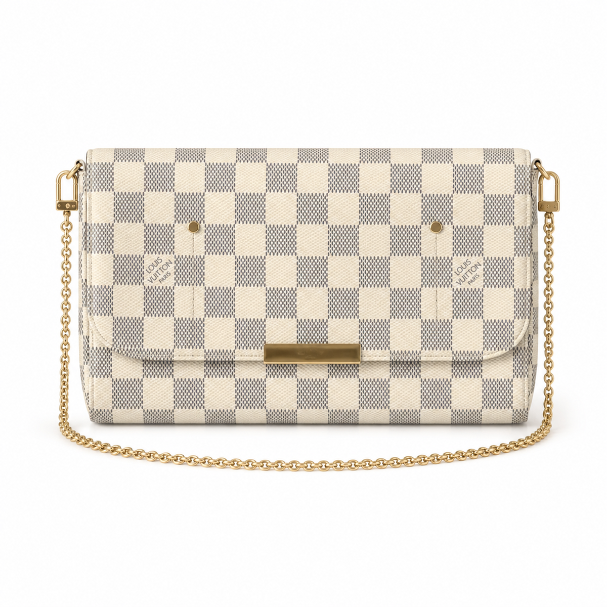 Louis Vuitton Favorite MM — Damier Azur Canvas, Magnetic Flap, Cream Interior & Gold Chain