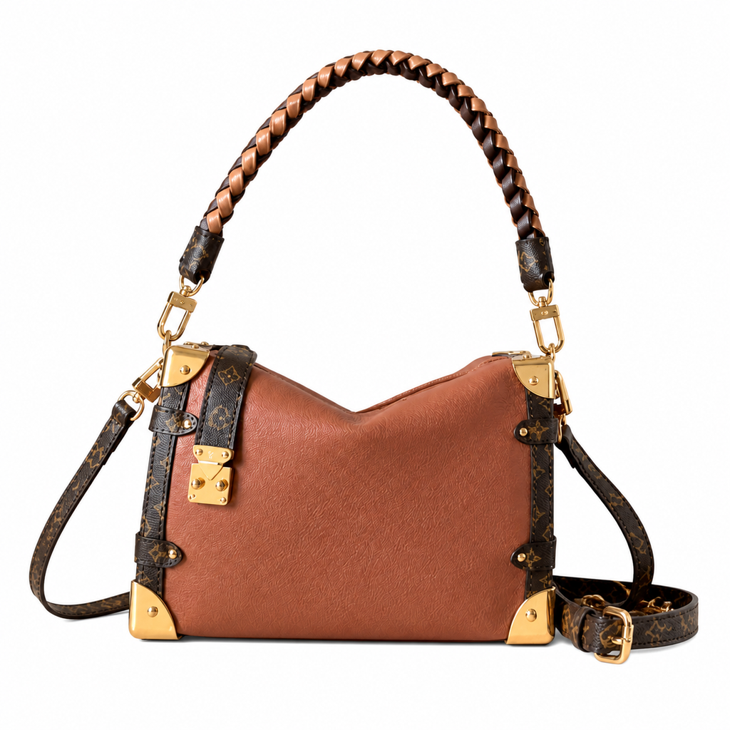 Louis Vuitton Side Trunk MM — Cognac Calfskin, Braided Top Handle, Monogram Canvas Trim & Dual Push-Lock