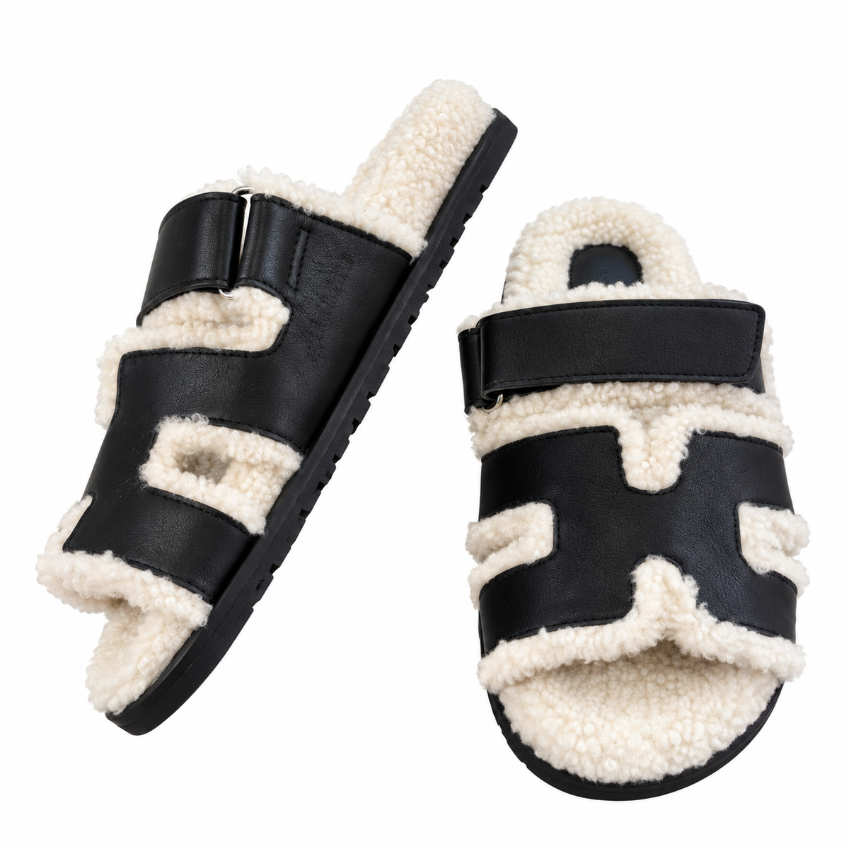 Hermès Black H-Strap Slides with Cream Trim