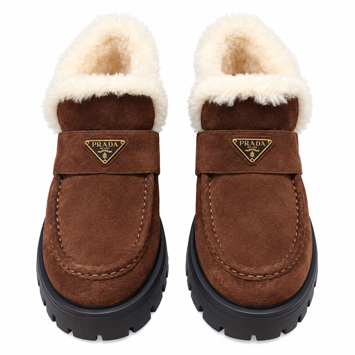 Prada Brown Plush-Trim Lug-Sole Ankle Boots