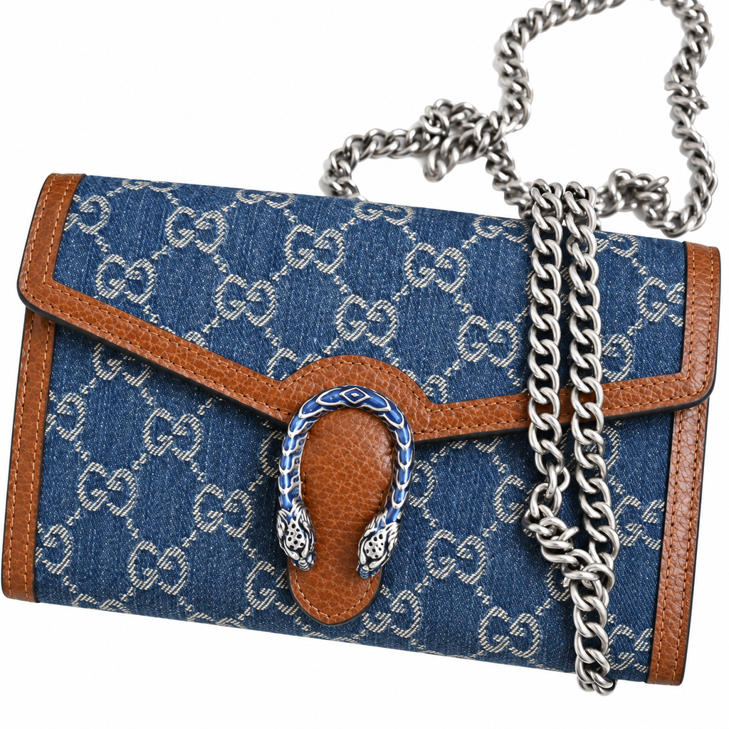Gucci Dionysus Small Shoulder Bag in GG Denim Canvas with Cognac Trim