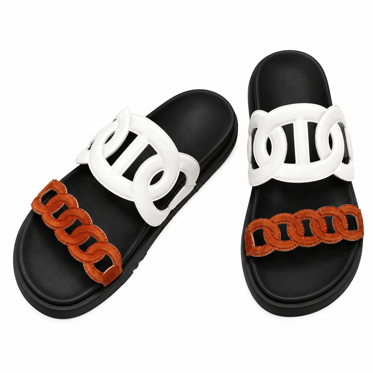Hermès White & Tan Chain Detail Slide Sandals