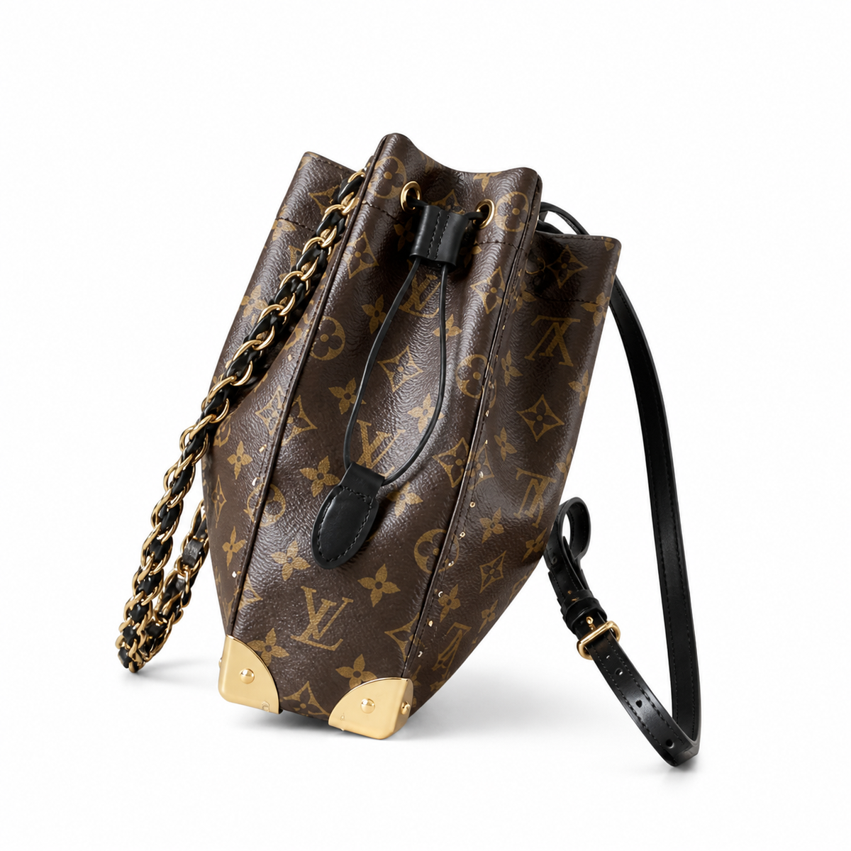 Louis Vuitton Drawstring Bucket — Monogram Canvas, Black Leather Trim, Gold Chain Handle & Corner Guards