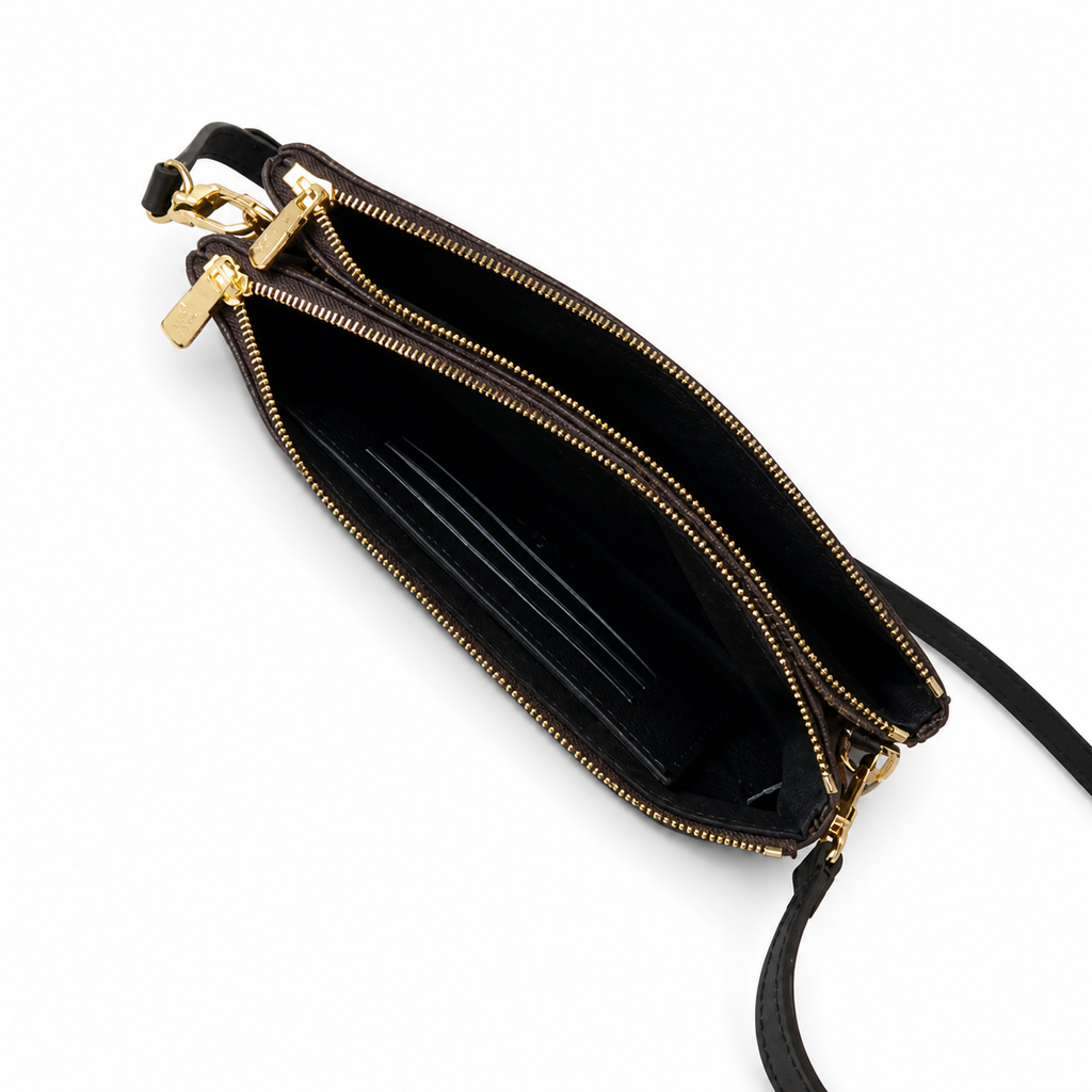 Louis Vuitton Double Zip Pochette — Monogram & Reverse Canvas, Dual Zips & Black Leather Strap
