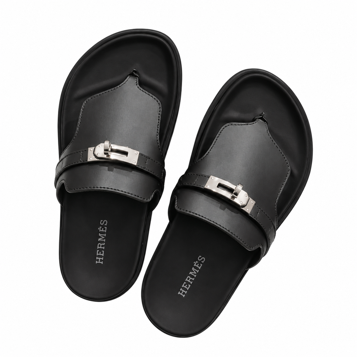 Hermès Black Thong Sandals with Silver Buckle