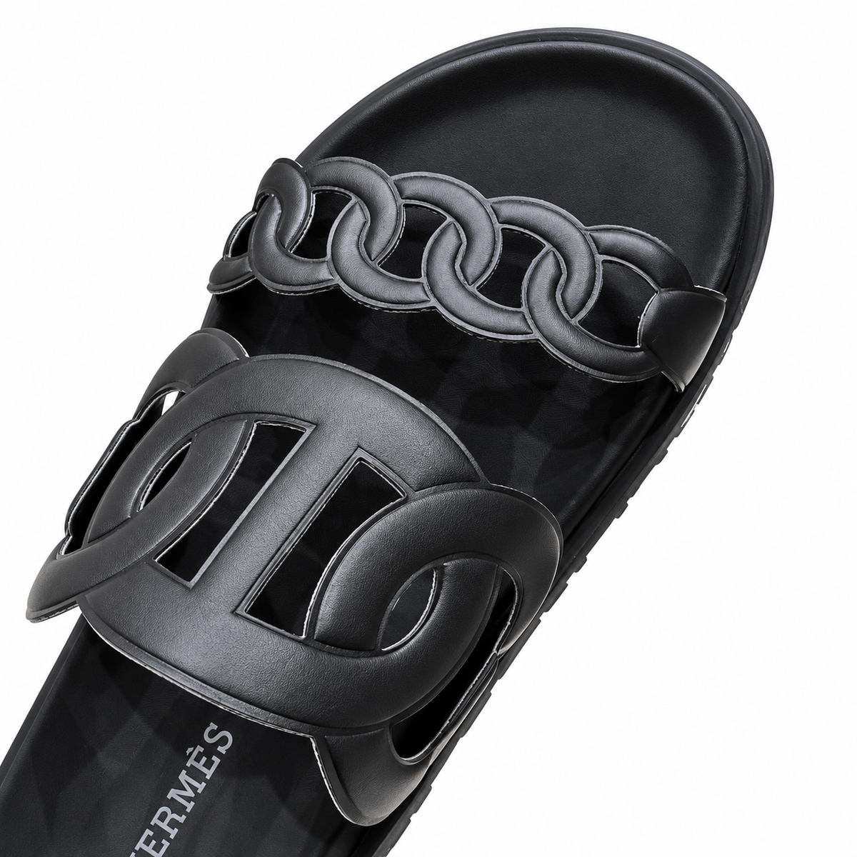 Hermès Black Chain-Link Open Toe Slide Sandals