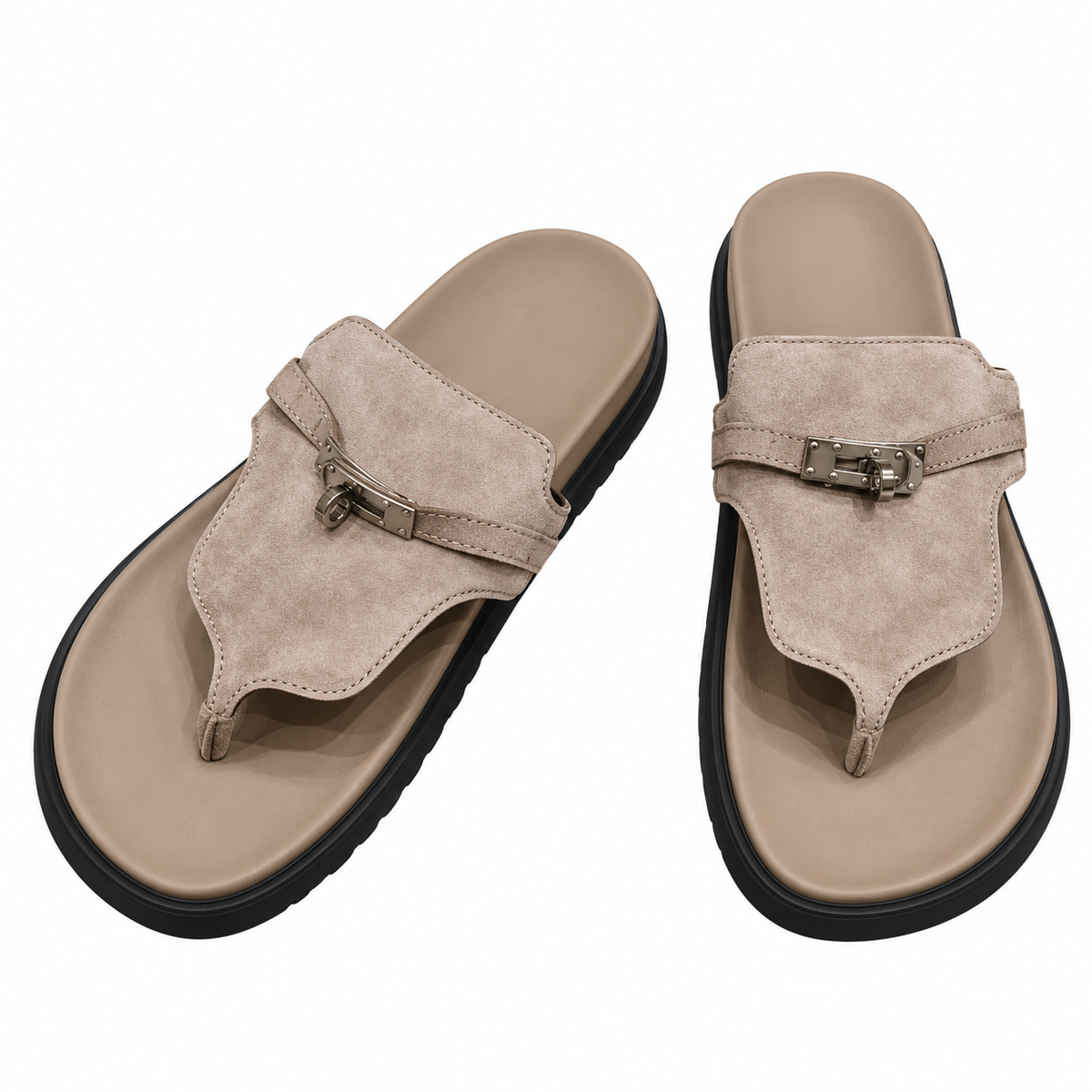 Hermès Taupe Thong Sandals with Silver Buckle