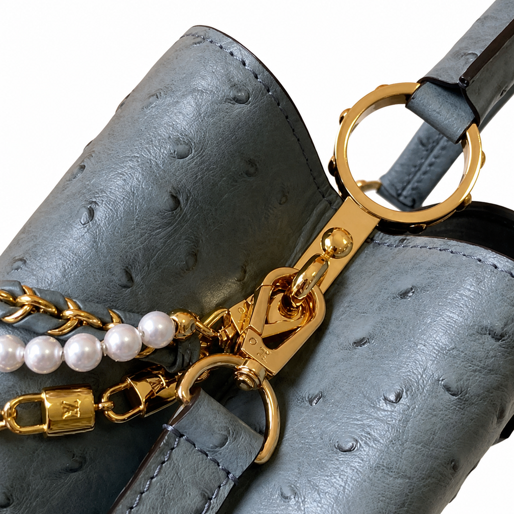 Louis Vuitton Capucines BB — Autruche Ostrich Leather in Bleu Orage with Jewelled Chain & Gold Hardware