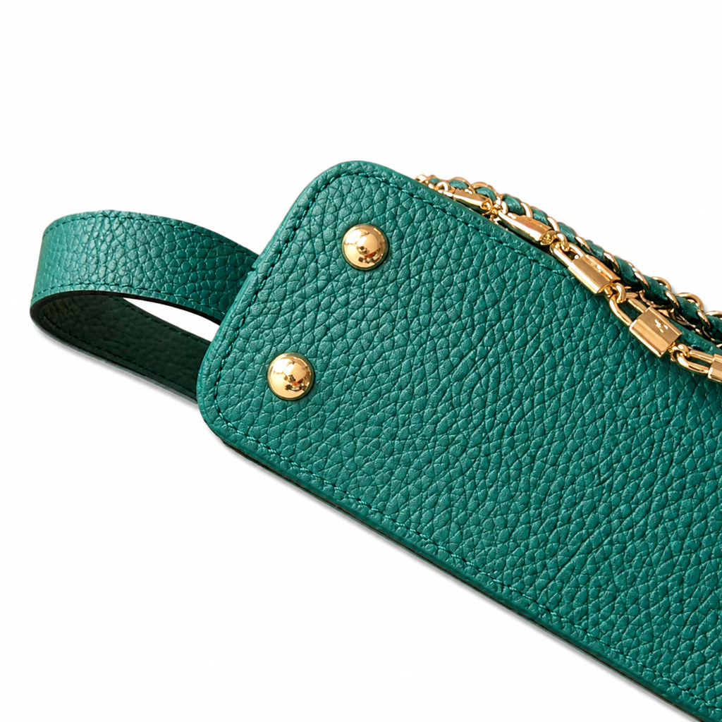 Louis Vuitton Capucines Mini — Taurillon Leather in Vert Émeraude with Triple Gold Chain & Flower Charm