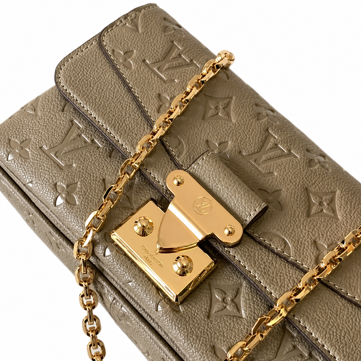 Louis Vuitton Flap Chain Bag — Taupe Empreinte, Square Push-Lock & Chunky Gold Chain