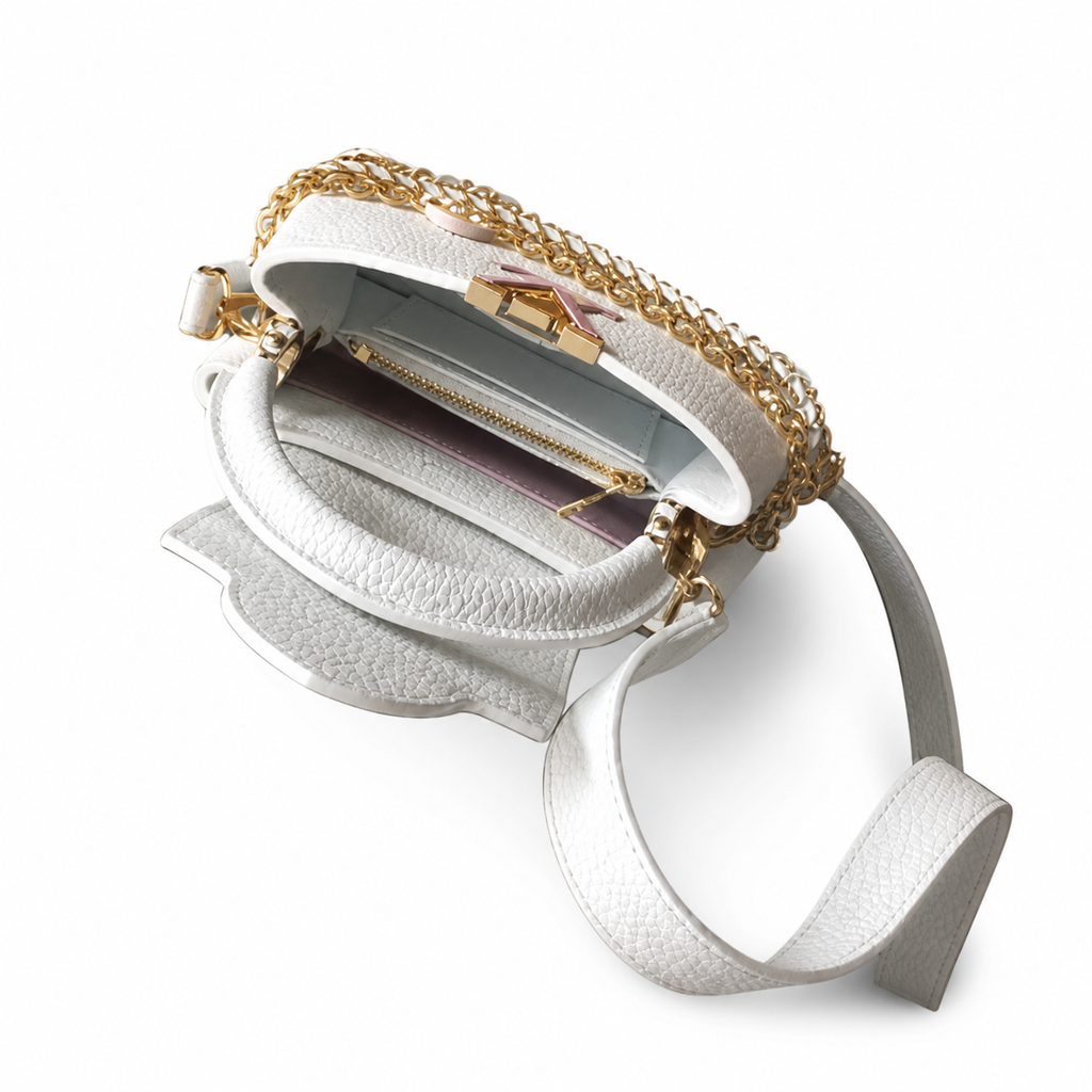 Louis Vuitton Capucines Mini — Taurillon Leather in Blanc with Triple Gold Chain & Flower Charm