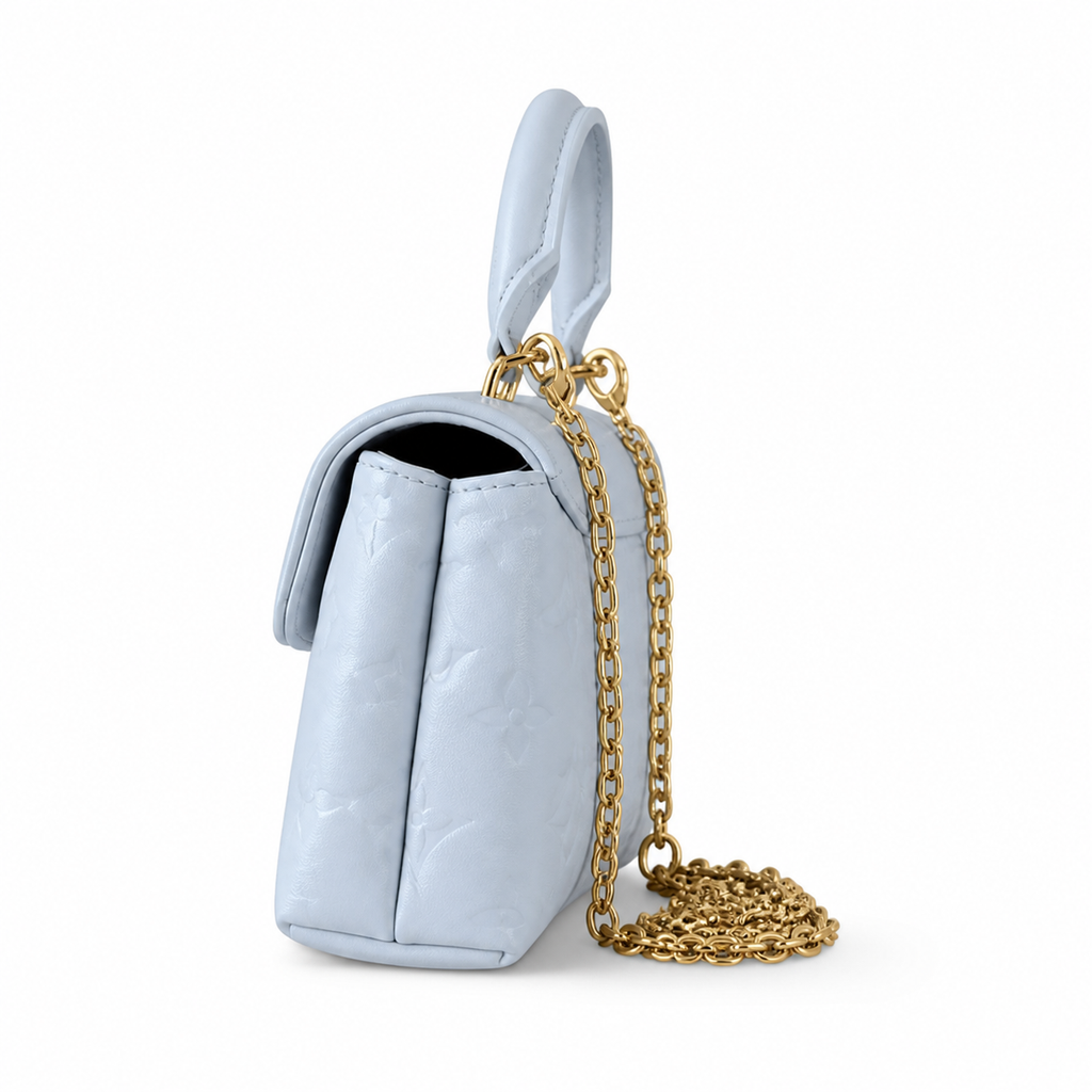 Louis Vuitton Mini 2-Way — Bleu Glacier Empreinte, Gold Chain, Round Top Handle & LV Medallion