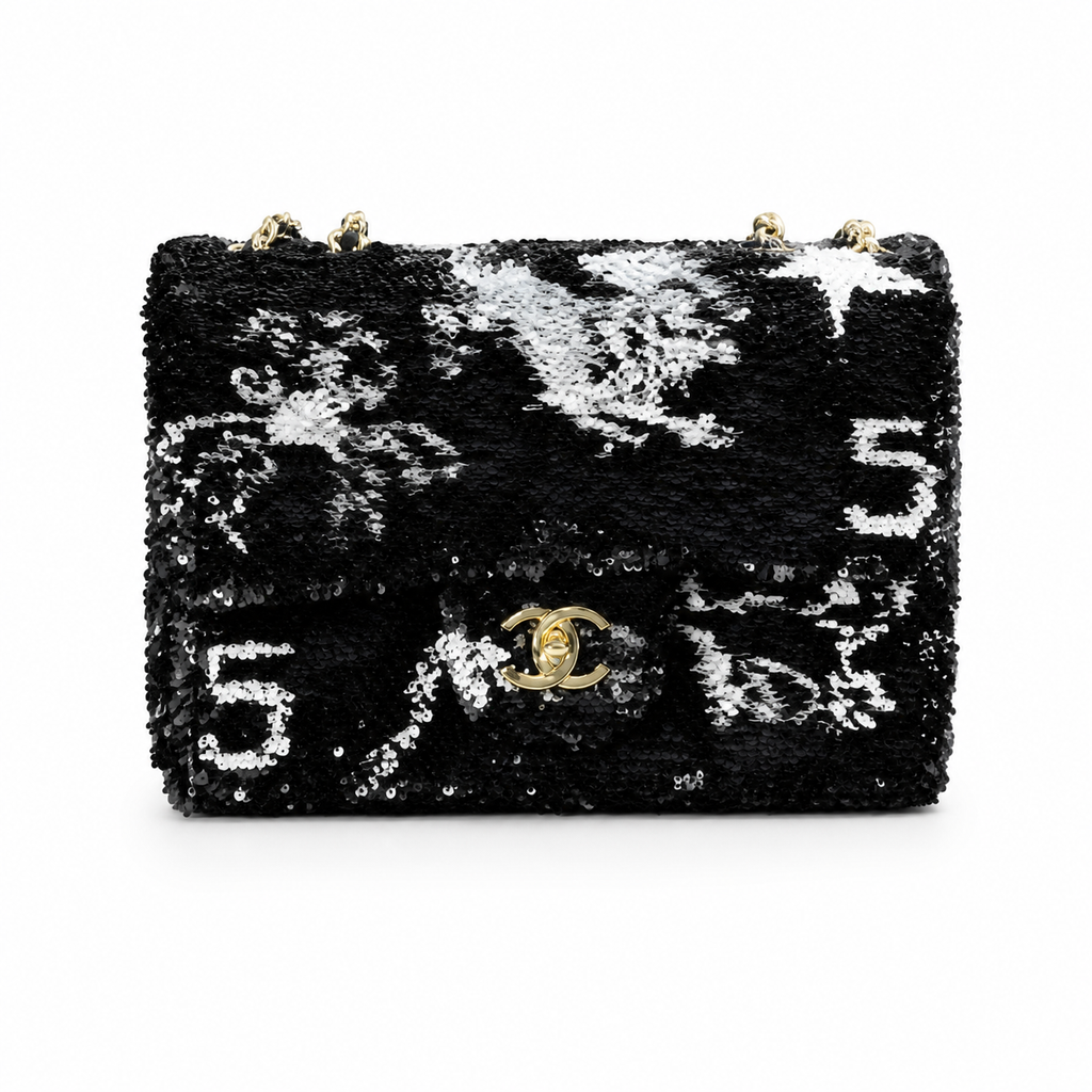 Chanel Classic Flap Black Silver Sequin CC Turn-Lock Bag