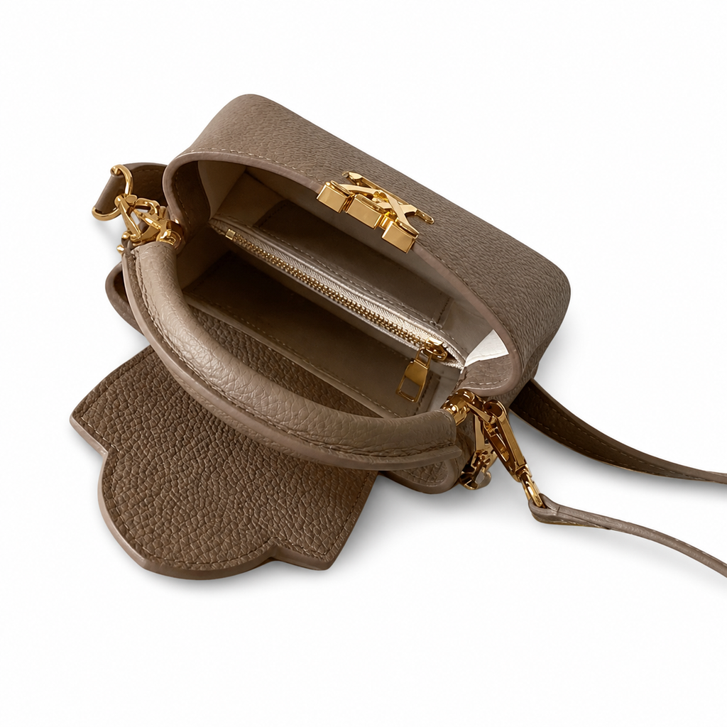 Louis Vuitton Capucines BB — Taurillon Leather in Tourterelle with Gold LV Clasp & Chain
