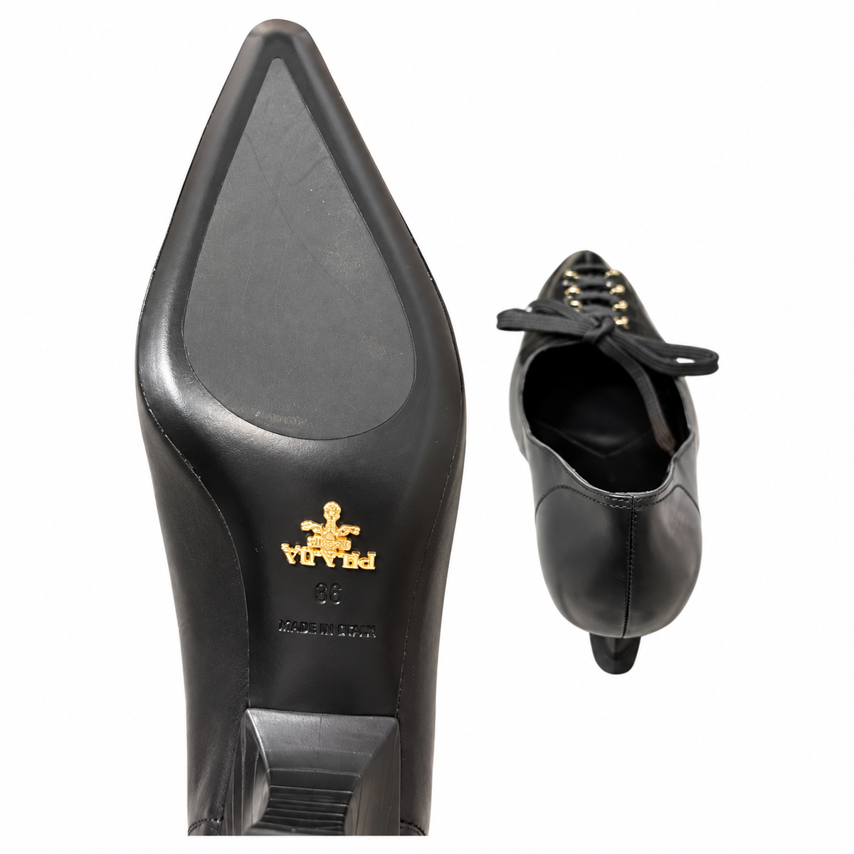 Prada Black Lace-Up Pointed-Toe Kitten Pumps