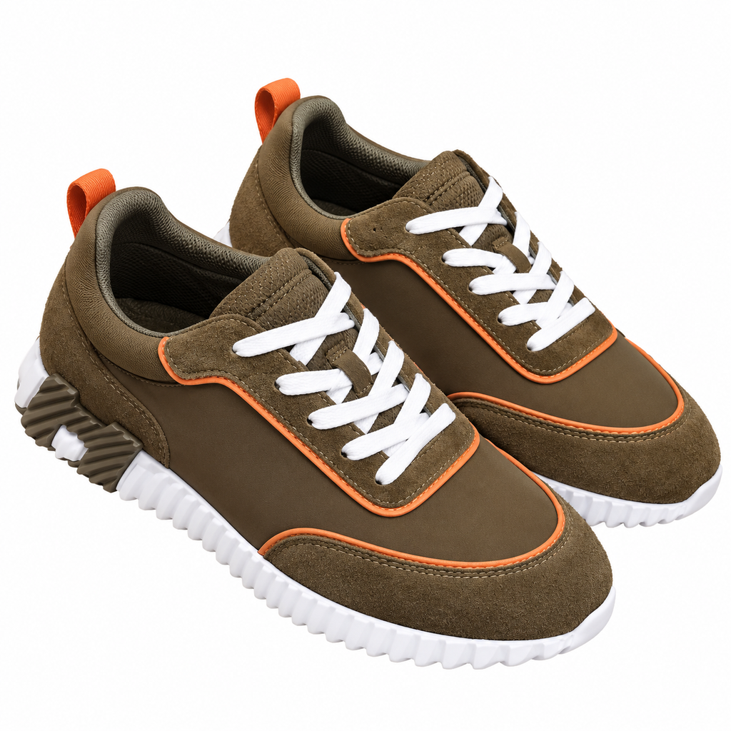 Hermès Olive Brown and Orange Low-Top Sneakers