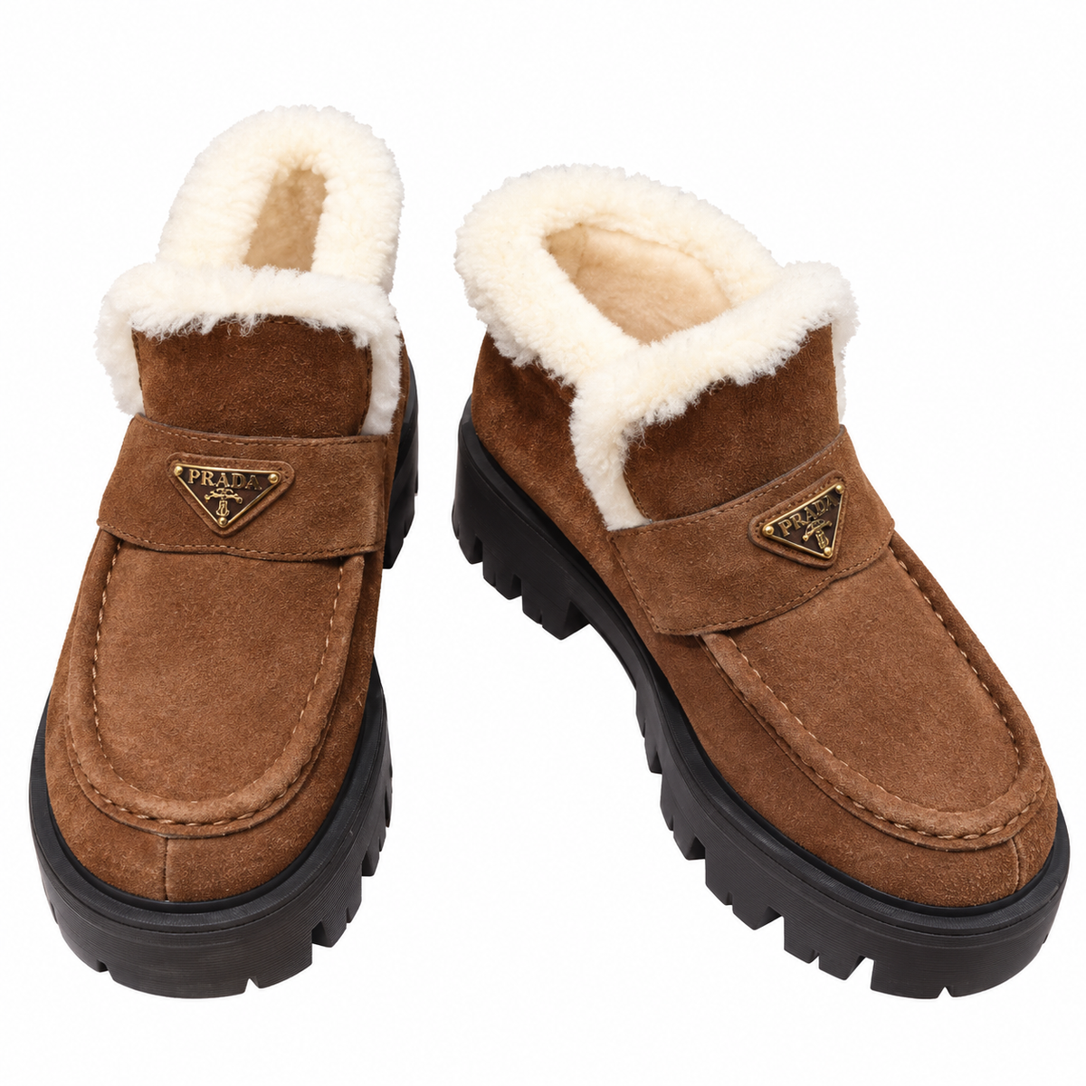 Prada Cognac Plush-Trim Lug-Sole Ankle Boots